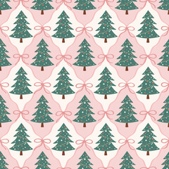 Seamless pattern with Christmas trees and pastel pink and white background with delicate ribbons. Coquette repeat background with bow in vintage style for holiday design projects.