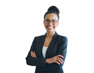 Portrait of a smiling young businesswoman wearing glasses, isolated on transparent background