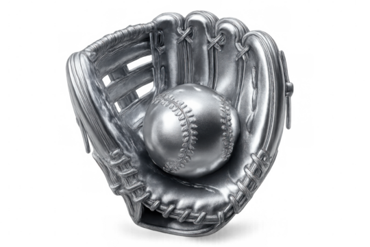 Metallic baseball glove holding a metallic baseball ball, perfect for sports concepts, with transparent background