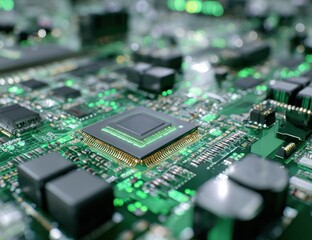 Macro View of Glowing Green Circuit Board with Central Processor and Bokeh Lights