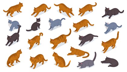 Isometric illustration of twenty cats in various poses and colors