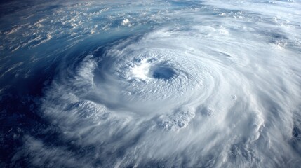 A massive hurricane displays its swirling structure above the ocean, with clouds forming a well-defined eye. The scene captures the intricate details of storm systems against a bright sky.