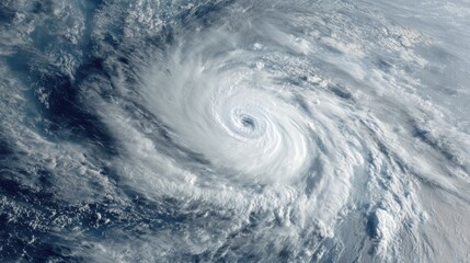 A large hurricane spins menacingly above the ocean, showcasing its strong winds and swirling clouds. The scene highlights the raw power of nature in a dramatic display.