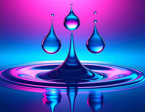 Droplets merging mid-air over water surface, neon pink and electric blue gradient - Powered by Adobe