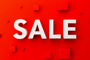 Flat lay shot of SALE letters with Online shop on red cube background. Promotion or discount during high season sale to attract purchasing activity from customer. Clearance sale. 3d rendering.