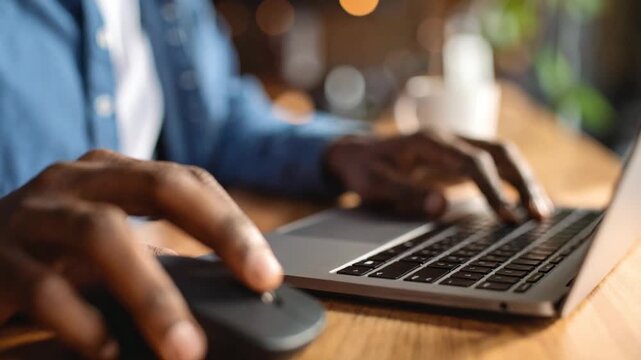 Hands using wireless mouse on laptop