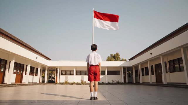 Indonesian student saluting the national flag during a school ceremony