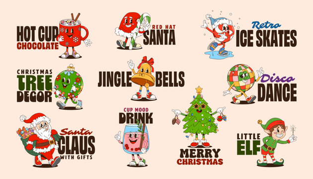 Christmas y2k groovy stickers of cartoon Santa Claus, elf and gift bag. Vector Christmas tree, red hat, Xmas bell and ornament ball characters. Retro y2k groovy disco ball, hot drink cups stickers set