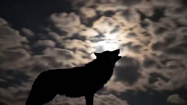 Dramatic nighttime silhouette of howling wolf against the moonlit sky