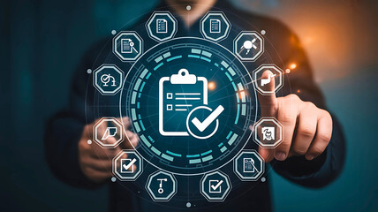 Quality assurance and standardization concept. A businessman interacting with a digital interface for process management and compliance.