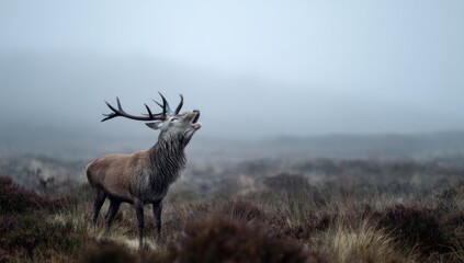 Obraz premium Majestic Red Stag Bellowing its Primal Call on a Foggy Moorland