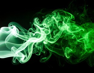 Abstract swirls of luminous green smoke against a stark black background