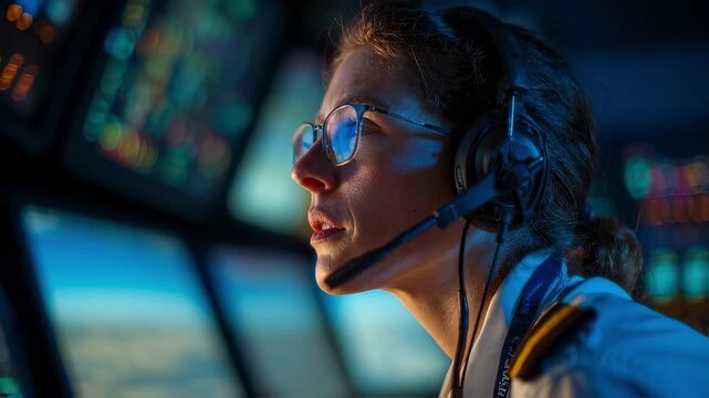 Focused air traffic controller wearing a headset calmly directing aircraft landings and departures in a modern aviation control room.
