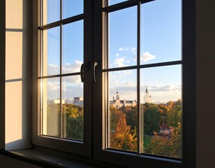 Autumnal cityscape viewed through a window pane