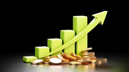 3D financial growth chart, lime green arrow, stepped bars, black background