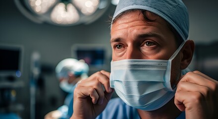 Portrait of a dedicated male surgeon in an operating room, showing the emotional strain and focus required in healthcare.