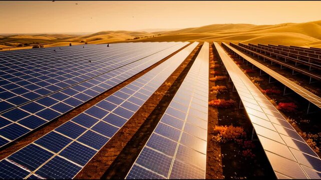 Vast Field of Solar Panels Capturing Sunlight at Sunset for Sustainable and Renewable Energy Amid Rolling Hills