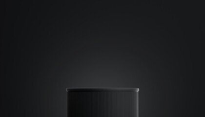 Realistic black 3D cylindrical pedestal podium background with arch window wall scene. Minimalist mockup pedestal or abstract product display presentation, Stage showcase. 3D product display design.