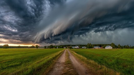 Dark, tumultuous clouds sweep across a green field as a dirt road leads to a small village, capturing the thrilling energy of an impending summer storm at dusk.