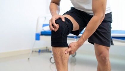 Man adjusting a knee brace in a clinic, representing professional medical care.