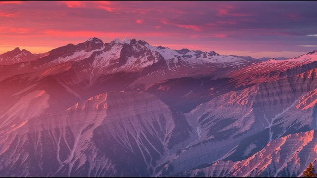 Breathtaking View of Mountain Range at Sunset with Vibrant Pink and Orange Sky, Snow Capped Peaks, and Solitary Tree in Foreground