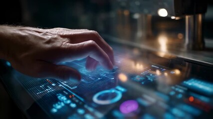 Hand interacting with holographic control panel, managing data and systems in advanced technological environment, showcasing innovation and digital interface design - Powered by Adobe