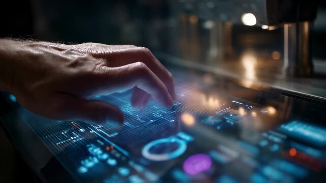 Hand interacting with holographic control panel, managing data and systems in advanced technological environment, showcasing innovation and digital interface design