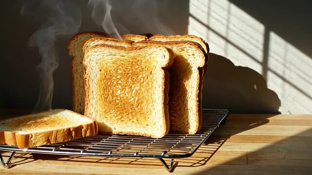 Freshly toasted bread slices cooling on a wire rack with steam rising, sunlight casting shadows