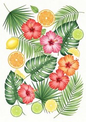 Naklejka premium Vibrant tropical arrangement showcasing hibiscus blooms and an array of citrus fruits amidst palm