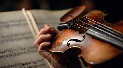 Close-up of a person's hand playing a wooden violin with sheet music in the background, creating an intimate musical atmosphere.