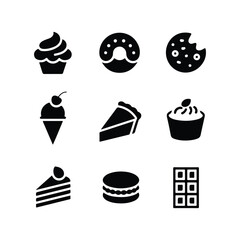 Set of nine black sweet dessert icons on white background cupcake donut