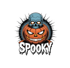 Blue Skull with Evil Jack-o'-Lantern Pumpkin and Spooky Text, Halloween Horror Vector Illustration on White Background


