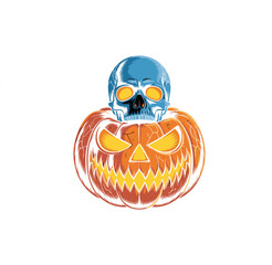 Blue Skull with Scary Jack-o'-Lantern Pumpkin, Halloween Horror Vector Illustration on White Background

