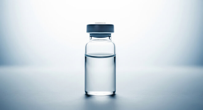 Monochromatic photo of a single vaccine vial with clear liquid on a clean, backlit background