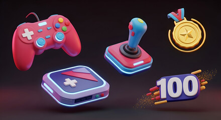 Vibrant 3D render of gaming icons: controller, joystick, console, medal, and level 100 achievement.
