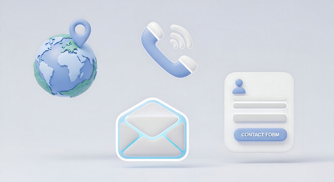 Global communication and contact form; 3D rendered icons.