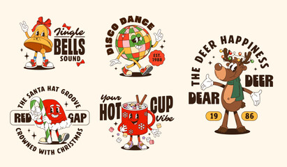 Funny Christmas groovy characters t shirt print and posters evoke cheerful holiday vibe. Cartoon vector cute Xmas bell, disco ball, reindeer, hot cocoa mug and Santa hat personages with retro fun text