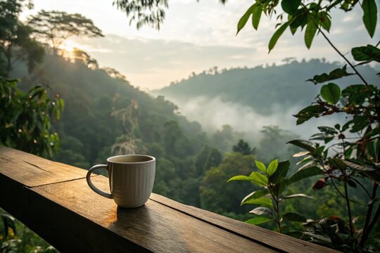 Steaming coffee cup on a wooden railing overlooking a misty mountain valley at sunrise