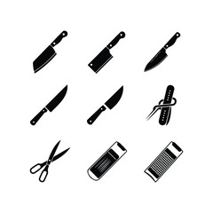 Collection of black kitchen utensil icons on white background knife scissors