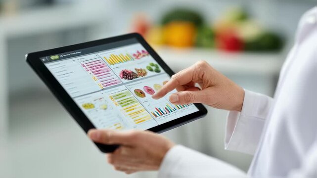 Overtheshoulder perspective of a dietitian pointing to detailed nutrition data on a tablet screen guiding the patient through dietary adjustments for better wellness.