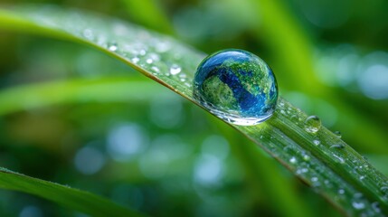A close-up view of a water droplet resting on a leaf, capturing a reflection of the vibrant green surroundings. Sunlight highlights the droplets, showcasing nature's beauty.
