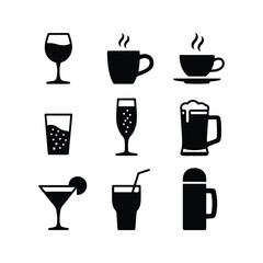Collection of nine black drink icons on white background beverage