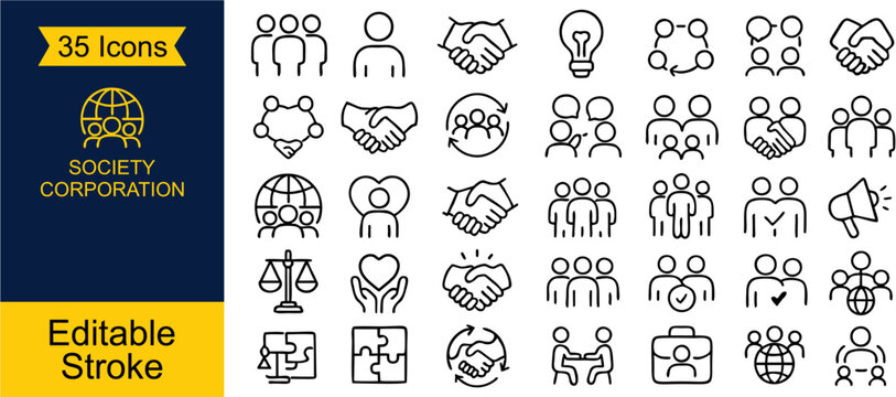 Set of 35 Minimal Society & Communication Icons – Perfect for social, networking, and community themes. Includes chat, people, meeting, and more. Clean vector style for web, app, and print.

