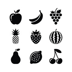 Collection of black fruit icons on white background apple banana grapes pineapple strawberry watermelon lemon cherries