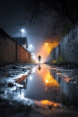 Misty night alley reflection