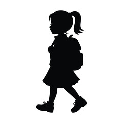 Black silhouette of a young girl with a ponytail walking with a backpack child 1