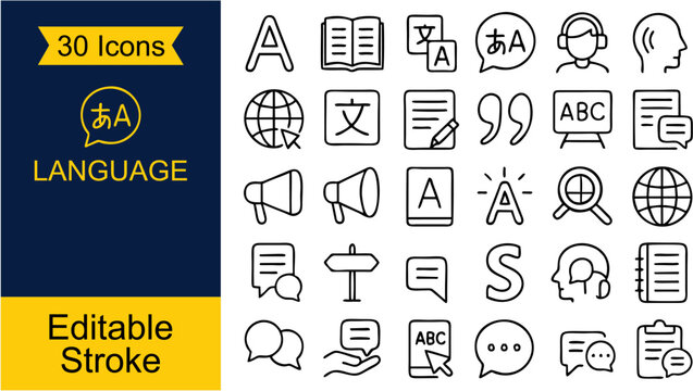 Set of 30 Minimal Language Icons – Perfect for translation, communication, and education themes. Includes speech bubble, alphabet, book, and more. Clean vector style for web, app, and print.

