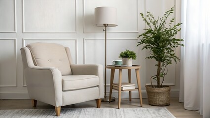 Cozy interior with a comfortable armchair, floor lamp, and potted plant