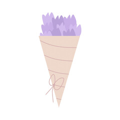 Bouquet of flowers. Composition of tulips, fresh botanical plants collected in a bouquet in a package with a rope bow. Floristic solution for congratulations and a gift. Vector.