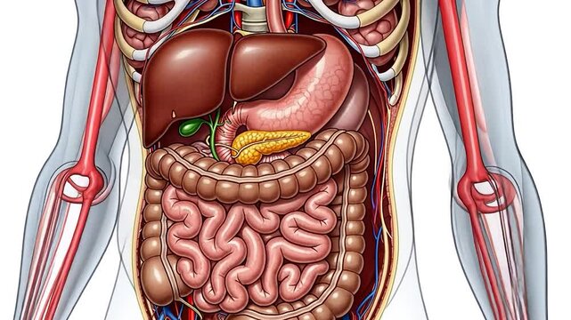 Detailed Anatomical Illustration of Human Digestive System and Arteries